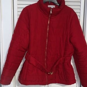 Red Puffer Coat with gold belt